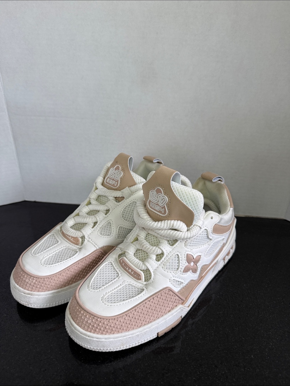 Monogram Flower Detail Chunky Skate Sneakers Rope Laces Size 7 White Pink Rose